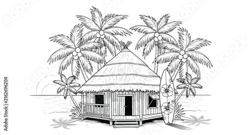 Foto Tropical beach hut line art, hand drawn island bungalow with palm trees, coastal