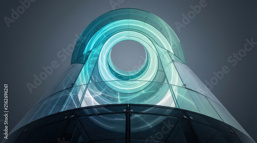 Modern Glass Torus Architecture with Glowing Teal Interior Light