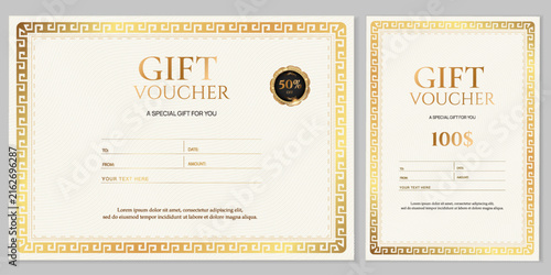 Gift voucher template set. Elegant horizontal and vertical cream coupons with gold meander border, wavy background, and seal badge. Modern vector layouts for spa salon or retail.