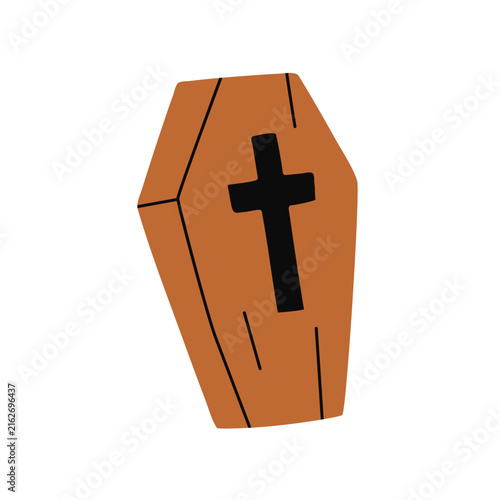 Wooden coffin with cross for Halloween. Spooky creepy casket with crucifix. Grave, tomb case for death, bury box for funeral, Helloween. Flat vector illustration isolated on white background.