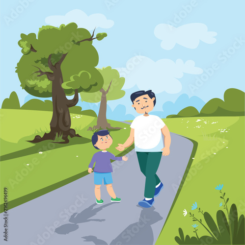Vector Illustration of Father Walking with Little Son in Park Outdoor Summer Landscape