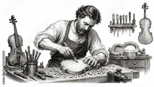 Vintage violin maker carving wooden instrument engraving sketch illustration isolated on white background