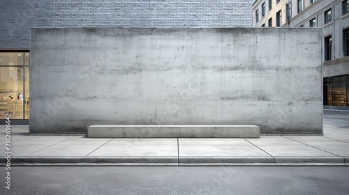 Modern concrete wall facade, empty urban sidewalk and bench, minimalist city street background for advertising banner