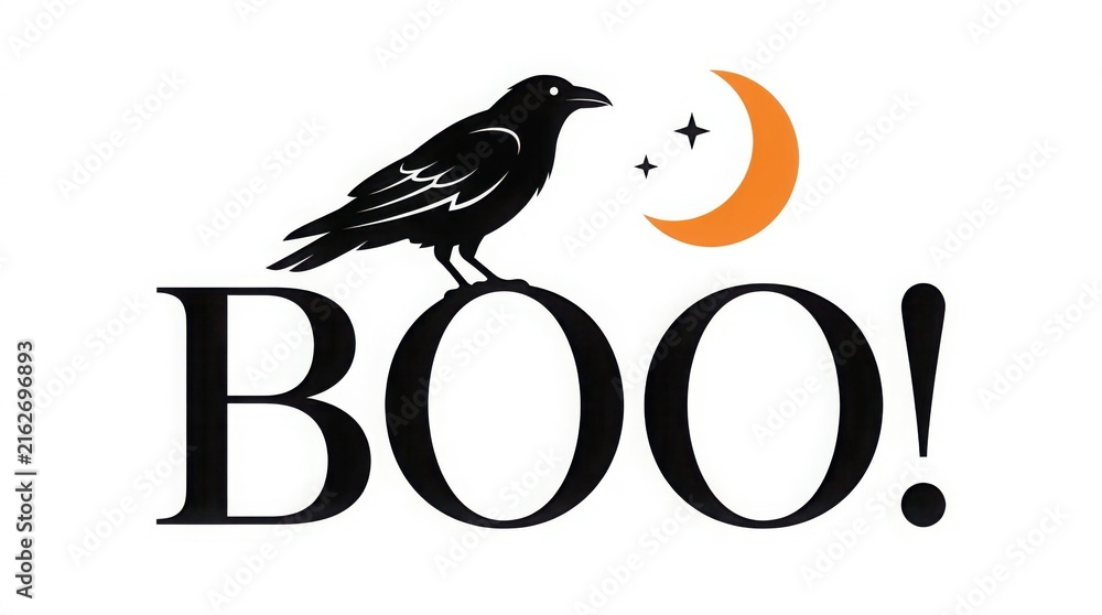 Naklejka premium Halloween raven bird perched on boo text with orange crescent moon and stars, festive spooky holiday graphic design