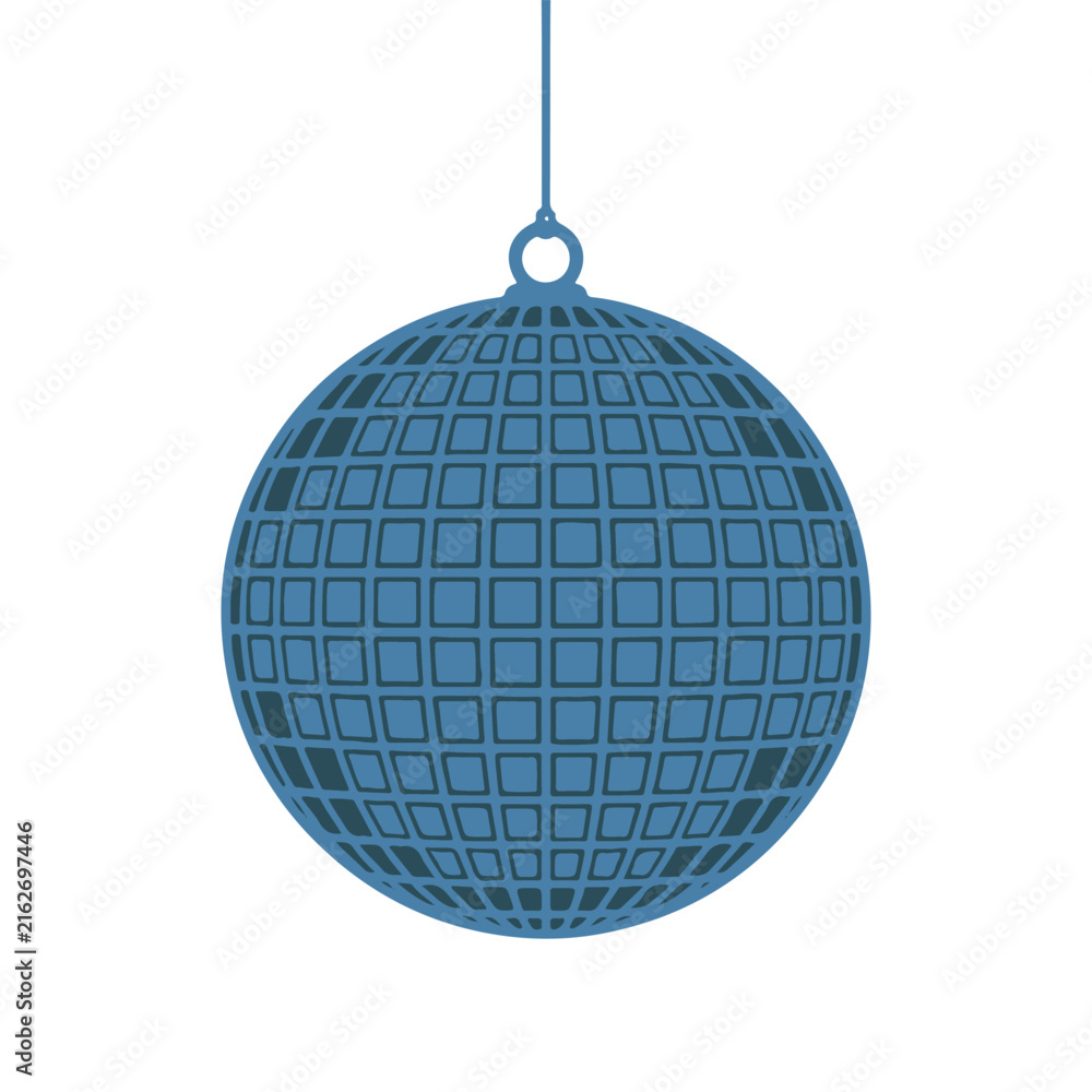 Fototapeta premium Blue geometric disco ball with grid pattern hanging on white background