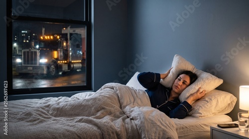 Frustrated woman in bed covering ears from truck noise