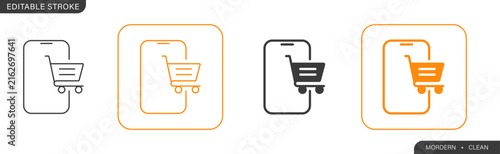 A modern vector set of mobile shopping cart icons featuring smartphone online store graphics in thin outline and filled styles with editable stroke design elements.