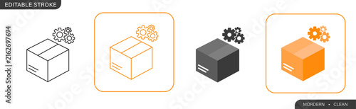 Vector collection of modern cardboard box icons with gears, symbolizing package processing, logistics automation, product management, and order fulfillment concepts.