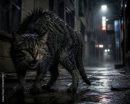 A one-eyed stray cat with arched back growling in a rain-soaked empty alley.