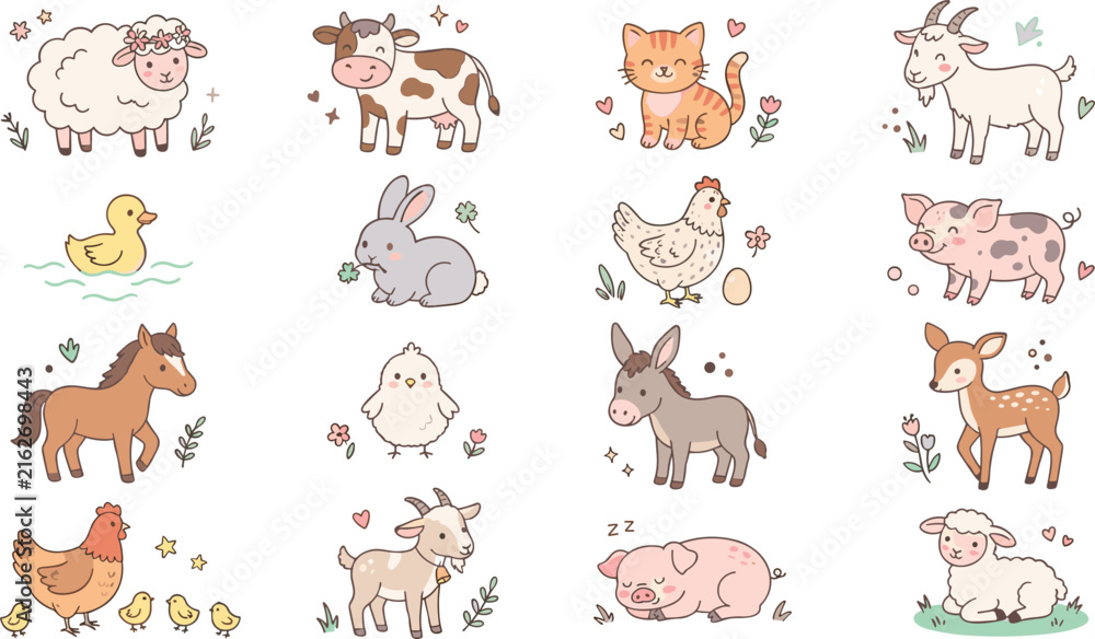 Fototapeta premium Cute Kawaii Farm Animal Character Vector Illustration Set Featuring Sheep Cow Cat Goat Duck Rabbit Pig Horse Chick Donkey Deer and Lamb