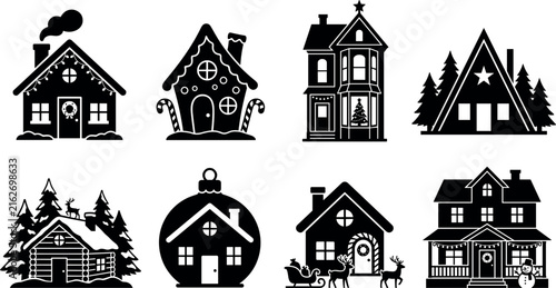Christmas House and Winter Cottage Silhouette Set for Holiday Greeting Cards and Festive Crafts
