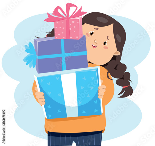 Vector Illustration of Happy Cute Little Girl Holding Big Stack of Gift Boxes with Bows for Birthday or Holiday Celebration