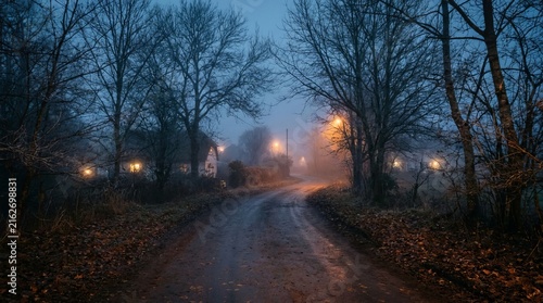 Isolated rural house with glowing windows situated at end of winding misty autumn road surrounded by dark dense trees under calm blue twilight sky for dramatic imagery.