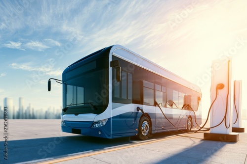 Electric bus charging at a station during a sunny day in a city environment