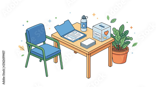 Donation booth desk with chair and charity box