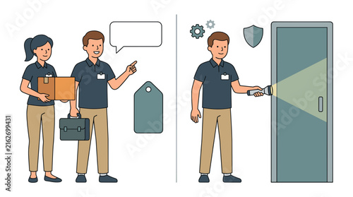 Security guard and delivery workers performing duties