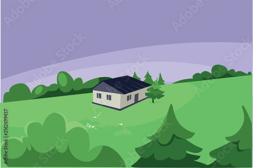 Vector Illustration of a Small Rural House on a Green Hill surrounded by Pine Trees and Forest Landscape Under Twilight Sky