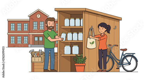 People using a community sharing shed for zero waste groceries