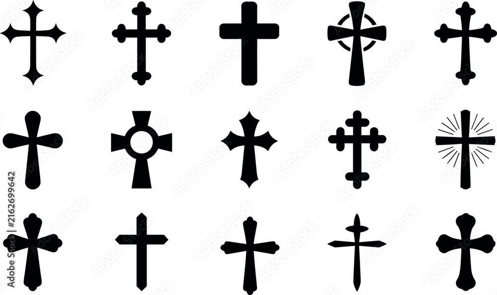 Fototapeta premium Christian Cross Vector Silhouette Icon Set for Religious Faith Church Symbol Easter and Spiritual Worship Concept Design