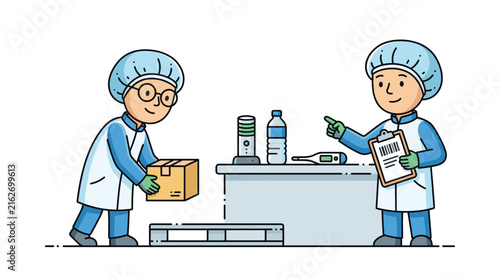 Laboratory workers checking medical supplies and packages
