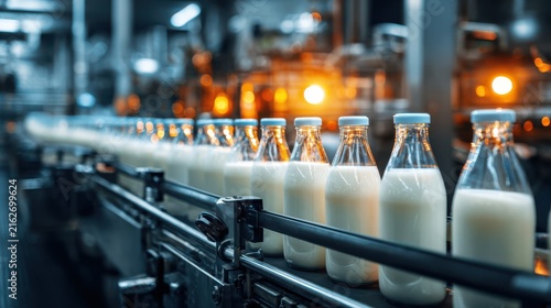 Industrial dairy production line with milk bottles, automated factory conveyor system, stainless steel food processing equipment