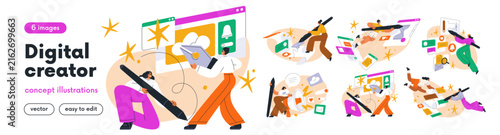 Digital content creators, designers at work set. App, web site, social media,...