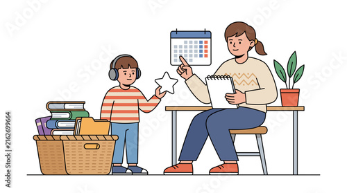 Woman tutor teaching child student with books and calendar