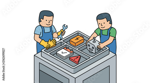 Technicians fixing robotic components on a workstation