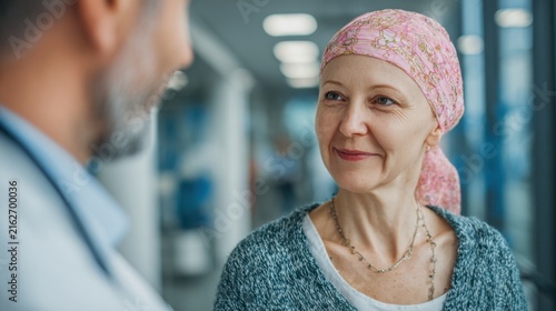 Smiling cancer patient wearing pink headscarf in hospital corridor, healthcare support portrait, oncology treatment recovery concept