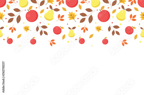 Seamless autumn banner with apples, pears and leaves on a white background. Frame, border