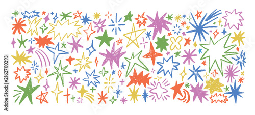 Hand drawn star spark doodle element icon set. Textured chalk color sketch doodle elements. Light decoration background vector