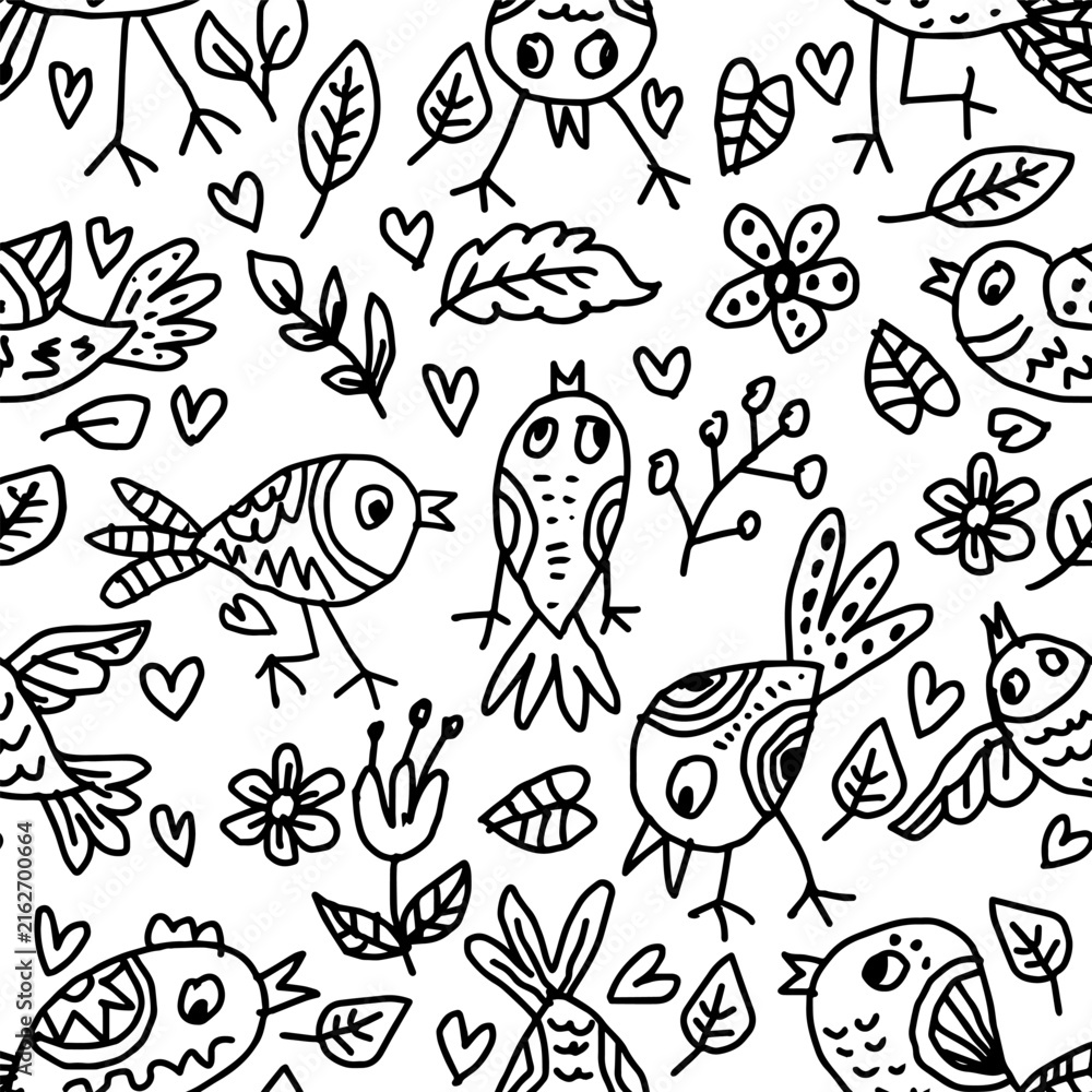 Obraz premium Hand-drawn black and white bird and floral seamless pattern background