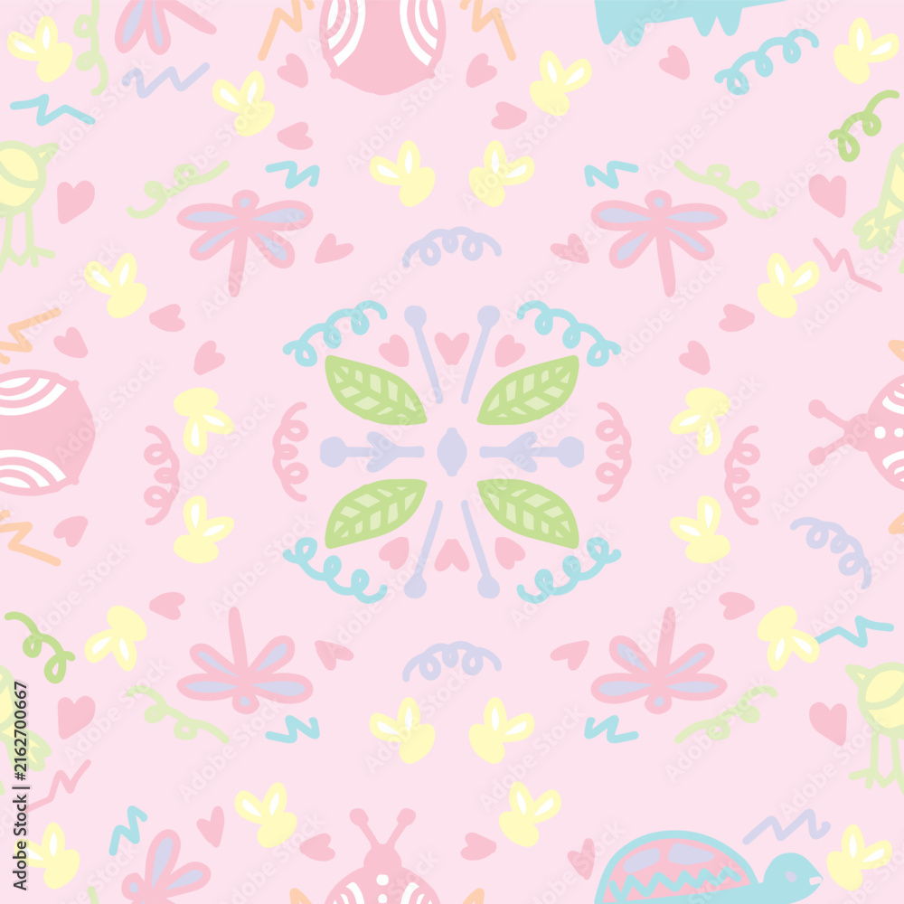 Fototapeta premium Pastel cute animal and insect seamless pattern background