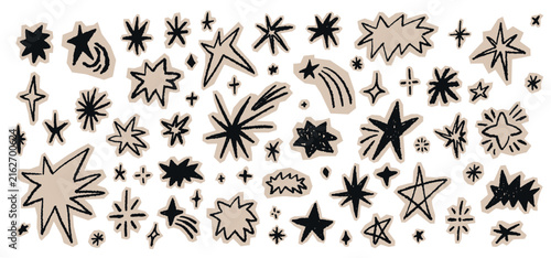 Hand drawn scrapbook star doodles with crayon texture on torn beige paper. Twinkle sticker collage elements for journal, notebook, social media banner, craft poster vector illustration