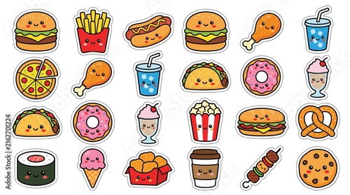Cute Fast Food Sticker Set with Burger, Taco, Sushi, and Donut Characters for Restaurant and Food Delivery App Design