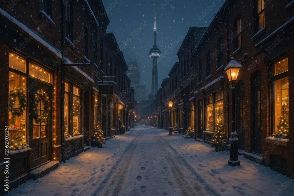 Naklejka premium Snowy street festive ambiance background