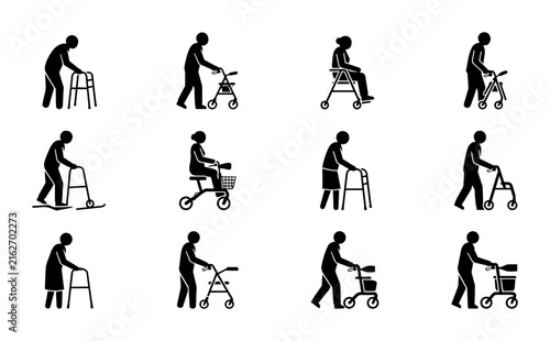 Elderly Mobility Aids: Diverse Senior Walker and Rollator Icons, Silhouette Set for Healthcare and Accessibility Design