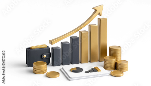 3D financial growth chart with golden coins and wallet representing business investment success and profit increase transparent background