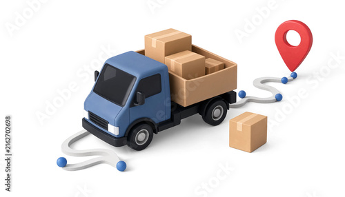 3D illustration of a blue delivery truck carrying cardboard boxes along a navigation path with a location pin transparent background