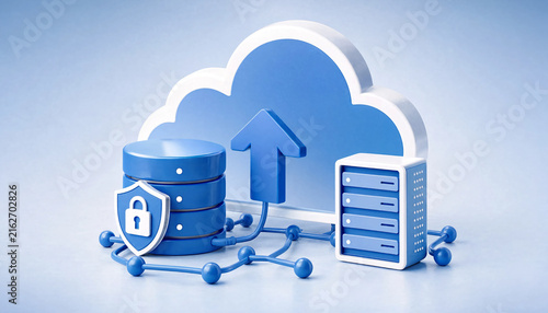 3D rendered illustration of cloud computing network storage with data security and server upload symbols transparent background