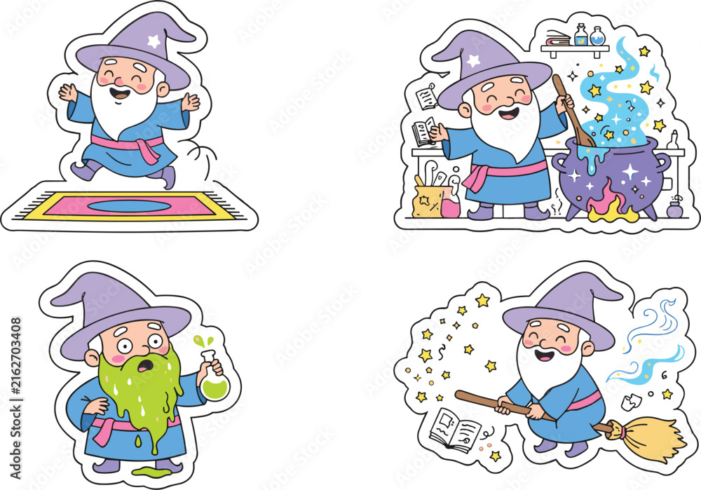 Fototapeta premium Cute Old Wizard Cartoon Sticker Vector Set with Playful Sorcerer Characters Brewing Potion Flying Broomstick and Magic Carpet Doodles