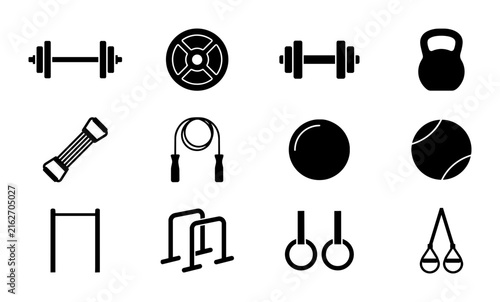 Obraz na plátně Fitness Equipment Icons Set, Gym Workout Gear Collection, Exercise Tools Vector