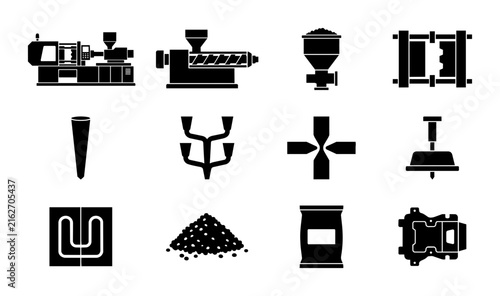 Plastic Injection Molding Icons Set, Manufacturing Equipment and Materials Vector Graphics, Industrial Process Symbols