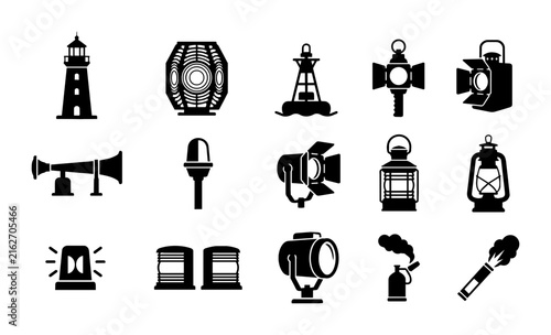 Принти на полотні Nautical and Maritime Icons Set: Lighthouse, Buoy, Foghorn, Lanterns, Spotlights