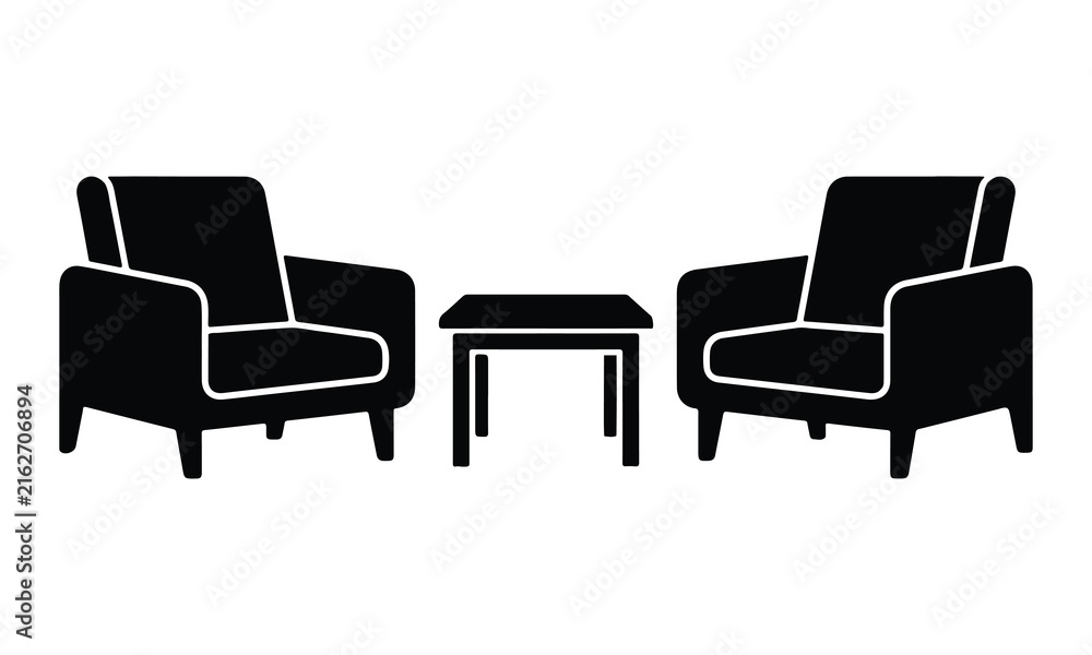 Obraz premium Black silhouette of two armchairs and a small square table on a white background