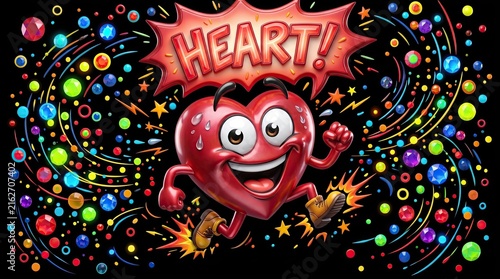 Heart Pumping with Joy: A vibrant, anthropomorphic heart with a wide smile and determined expression is depicted in mid-stride.