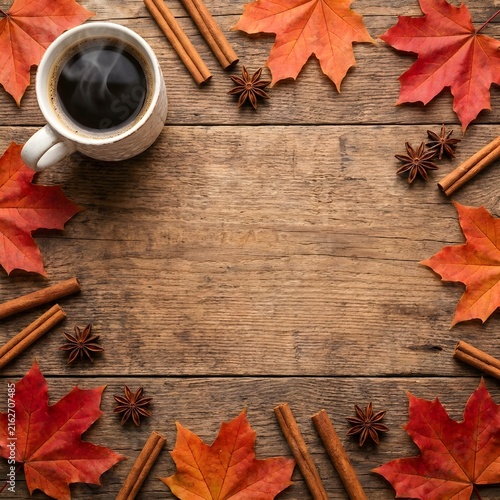 Autumn Themed Flat Lay with Coffee and Leaves
