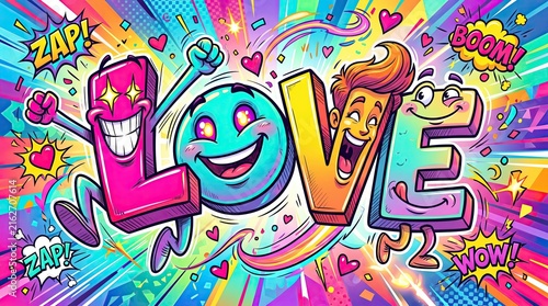 Vibrant LOVE Illustration: A lively and colorful cartoon illustration spells out the word LOVE with expressive, animated characters, radiating joy and positive energy.