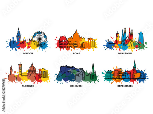 European tourist cities skylines vector set featuring colorful watercolor splash silhouettes of London, Rome, Barcelona, Florence, Edinburgh, and Copenhagen landmarks