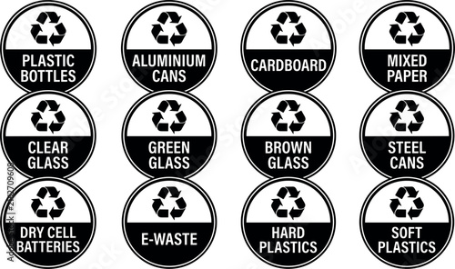 Waste Sorting and Recycle Sticker Badge Set Featuring Circular Labels for Plastic Bottles Aluminum Cans Cardboard Glass E-Waste and Batteries Vector